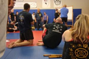 Martial arts training class attendees observing talk and demonstration